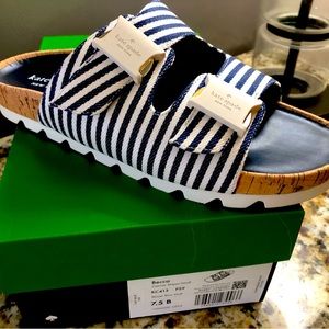 NEW never worn, Kate Spade sandals. Navy/white fabric, w KS buckles.